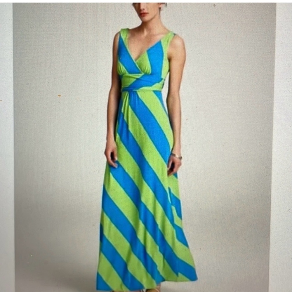 Lilly Pulitzer Blue and Lime Green Diagonal Stripe Maxi Dress